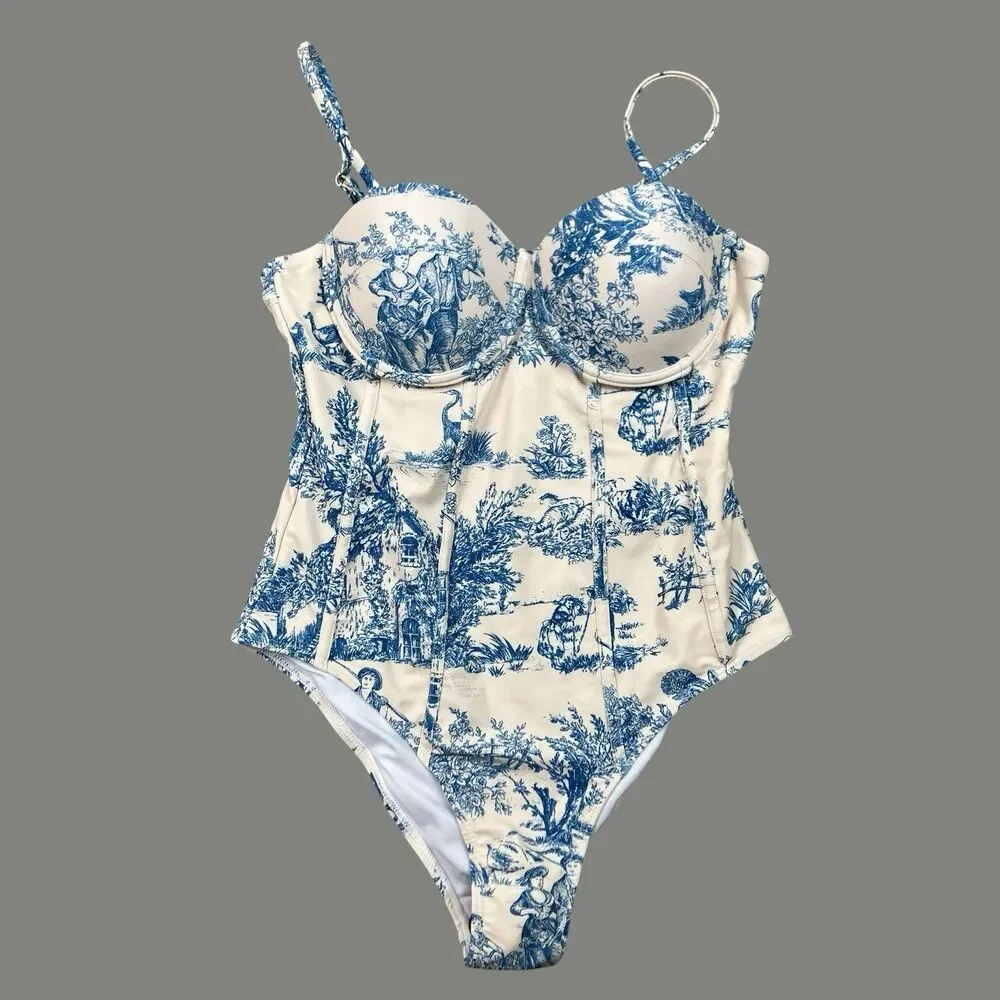 Toile de Jouy Corset One Piece Underwire Swimsuit Cider Womens M Blue Ivory